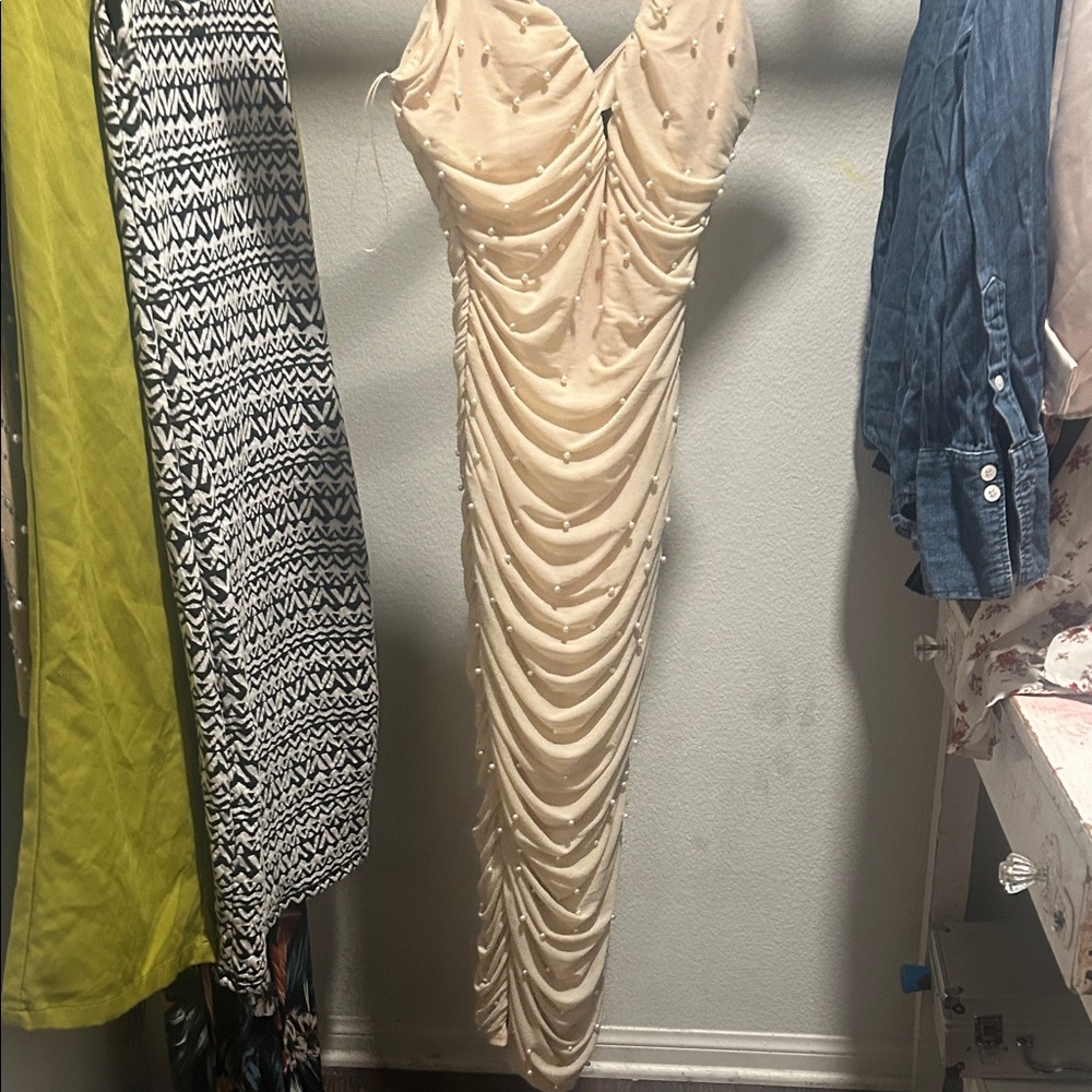 Elegant Cream Ruched Dress